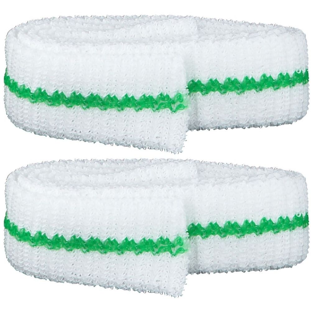 Zwei gerollte, weiße Netzschläuche mit grünen Zierstreifen. Die Schläuche sind aus einem textilen Material gefertigt.