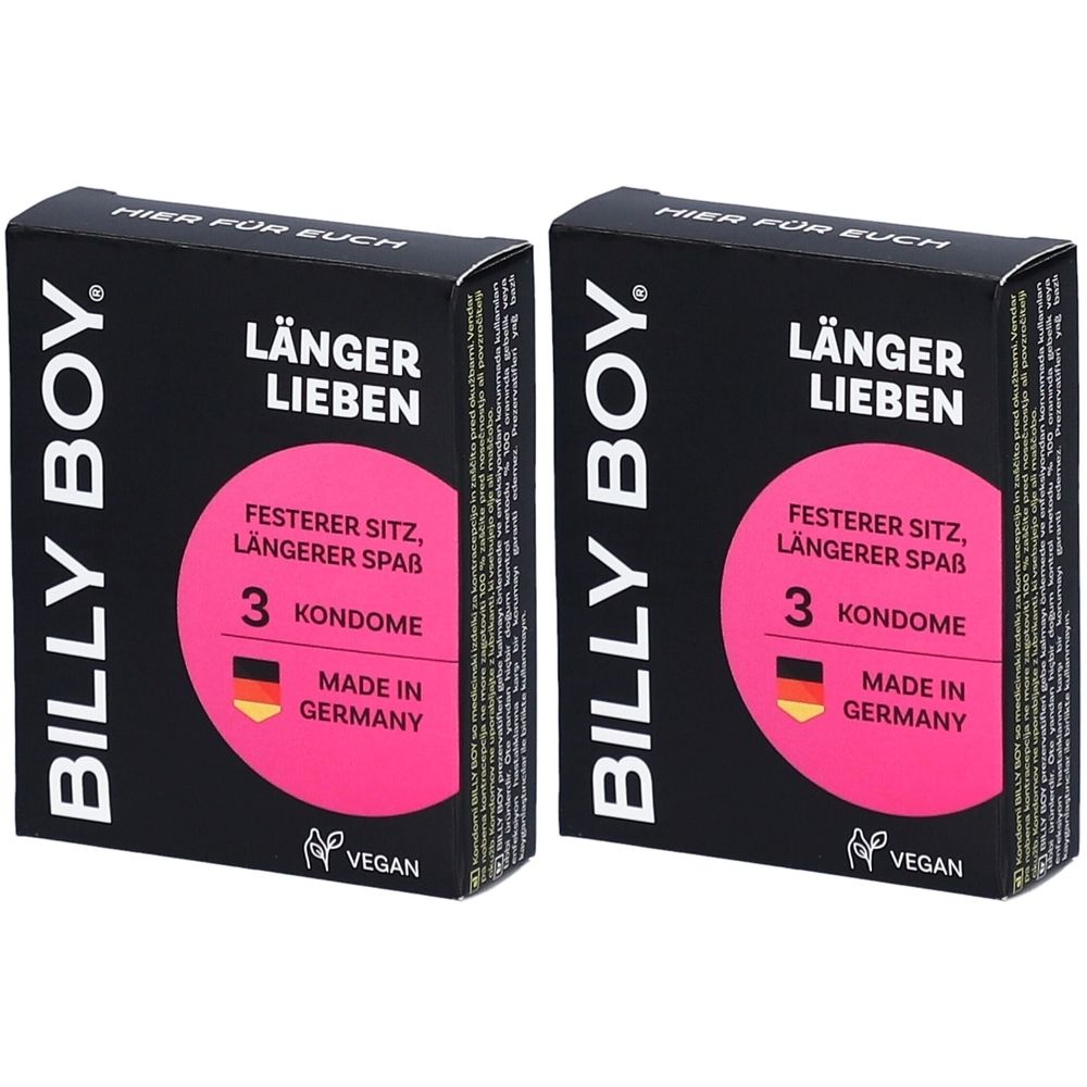 Zwei schwarze Schachteln mit der Aufschrift "BILLY BOY", "LÄNGER LIEBEN" und "3 KONDOME". Vegan-Siegel und "Made in Germany".
