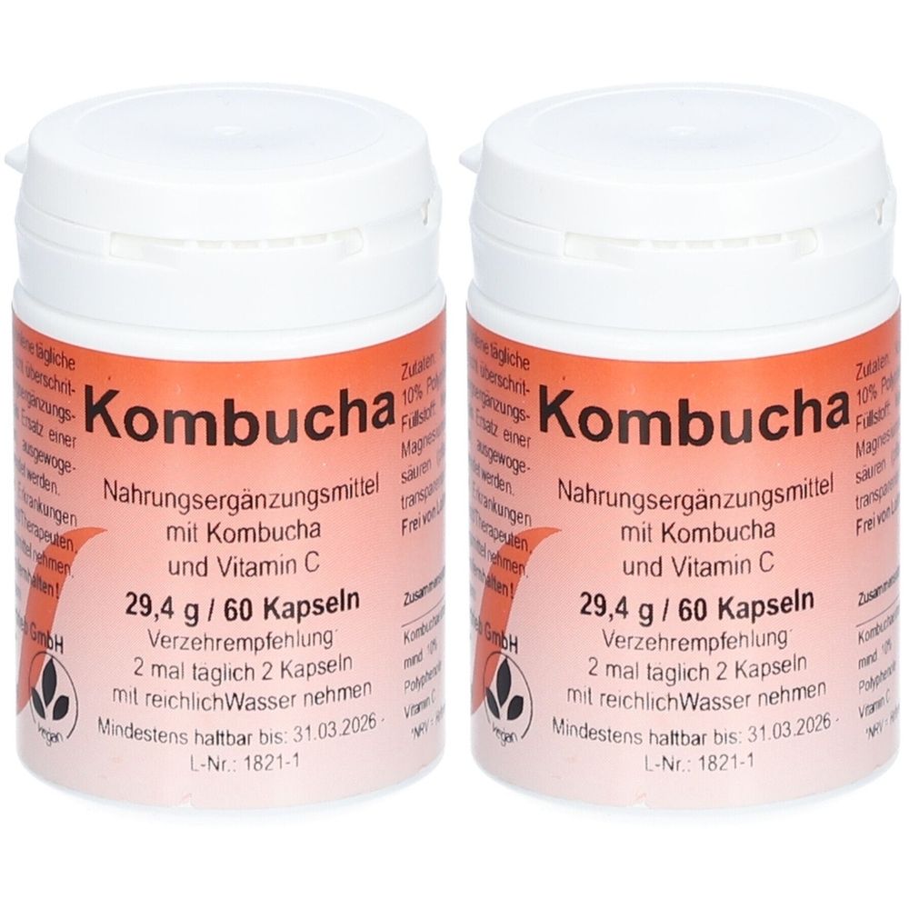 Zwei weiße Kunststoffdosen mit Deckel. Aufschrift: Kombucha, Nahrungsergänzungsmittel mit Kombucha und Vitamin C. 29,4 g / 60 Kapseln.