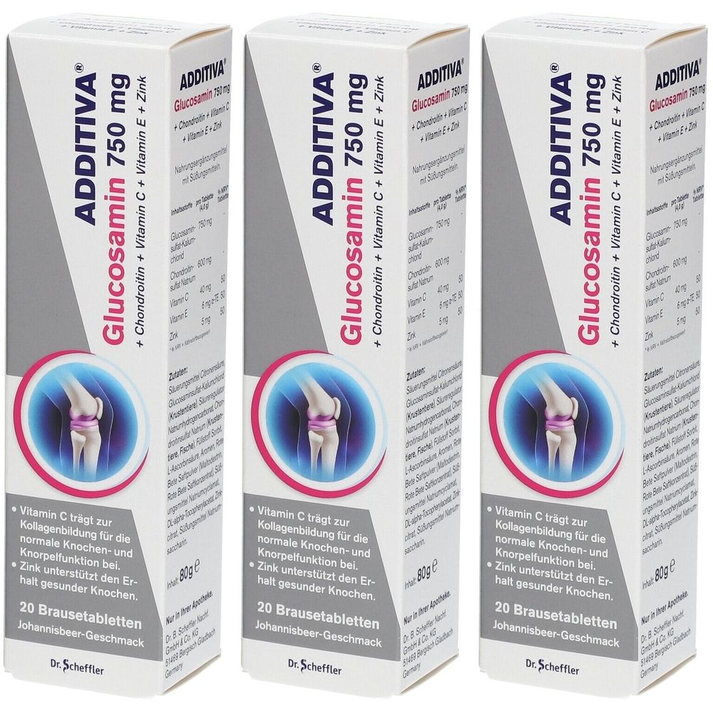 Drei Schachteln ADDITIVA Glucosamin 750 mg. Aufschrift: Chondroitin, Vitamin C, E, Zink. 20 Brausetabletten. Johannisbeer-Geschmack.