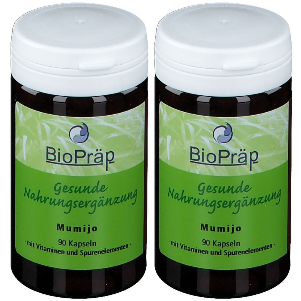 Zwei Flaschen mit weißen Deckeln. Auf den Etiketten steht "BioPräp", "Gesunde Nahrungsergänzung" und "Mumijo 90 Kapseln".