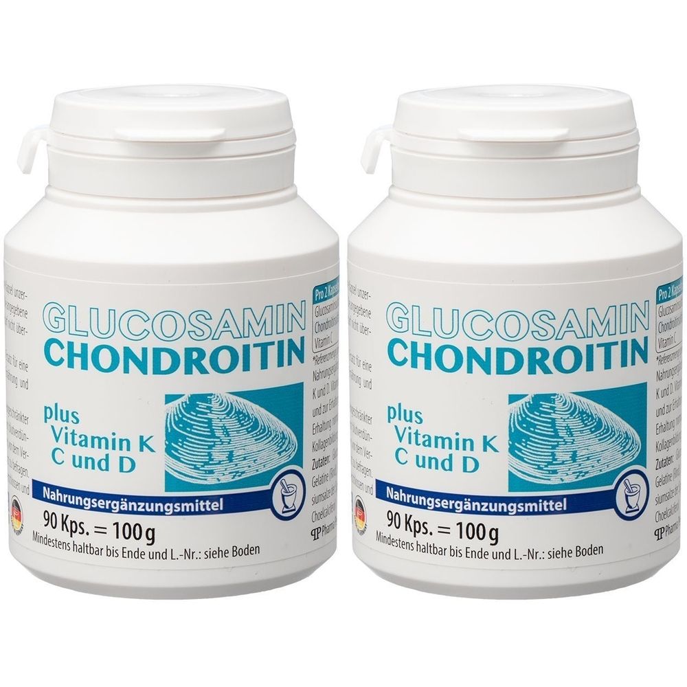 Zwei weiße Kunststoffdosen mit Deckel. Aufschrift: Glucosamin Chondroitin plus Vitamin K, C und D. Nahrungsergänzungsmittel. 90 Kps. = 100 g.