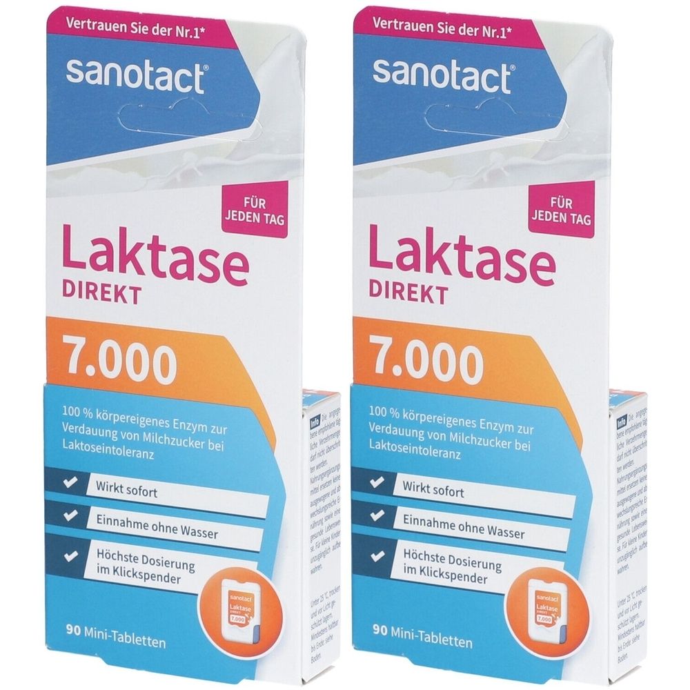 Zwei Packungen Sanotact Laktase Direkt. Weiße Verpackung mit blau, orange und rosa Elementen. Enthält 90 Mini-Tabletten.