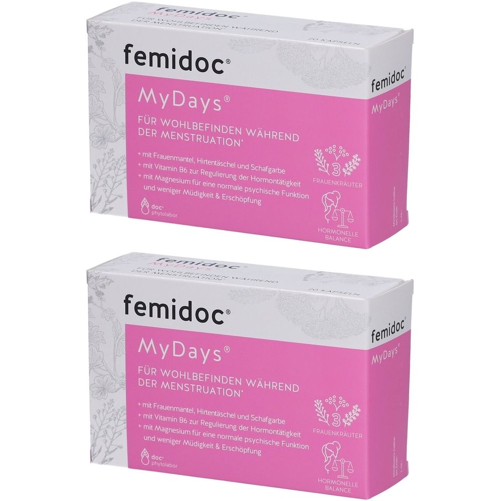 Zwei Packungen femidoc MyDays. Weiße Schachteln mit rosa Akzenten und Produktinformationen. Schriftzug: Für Wohlbefinden während der Menstruation.