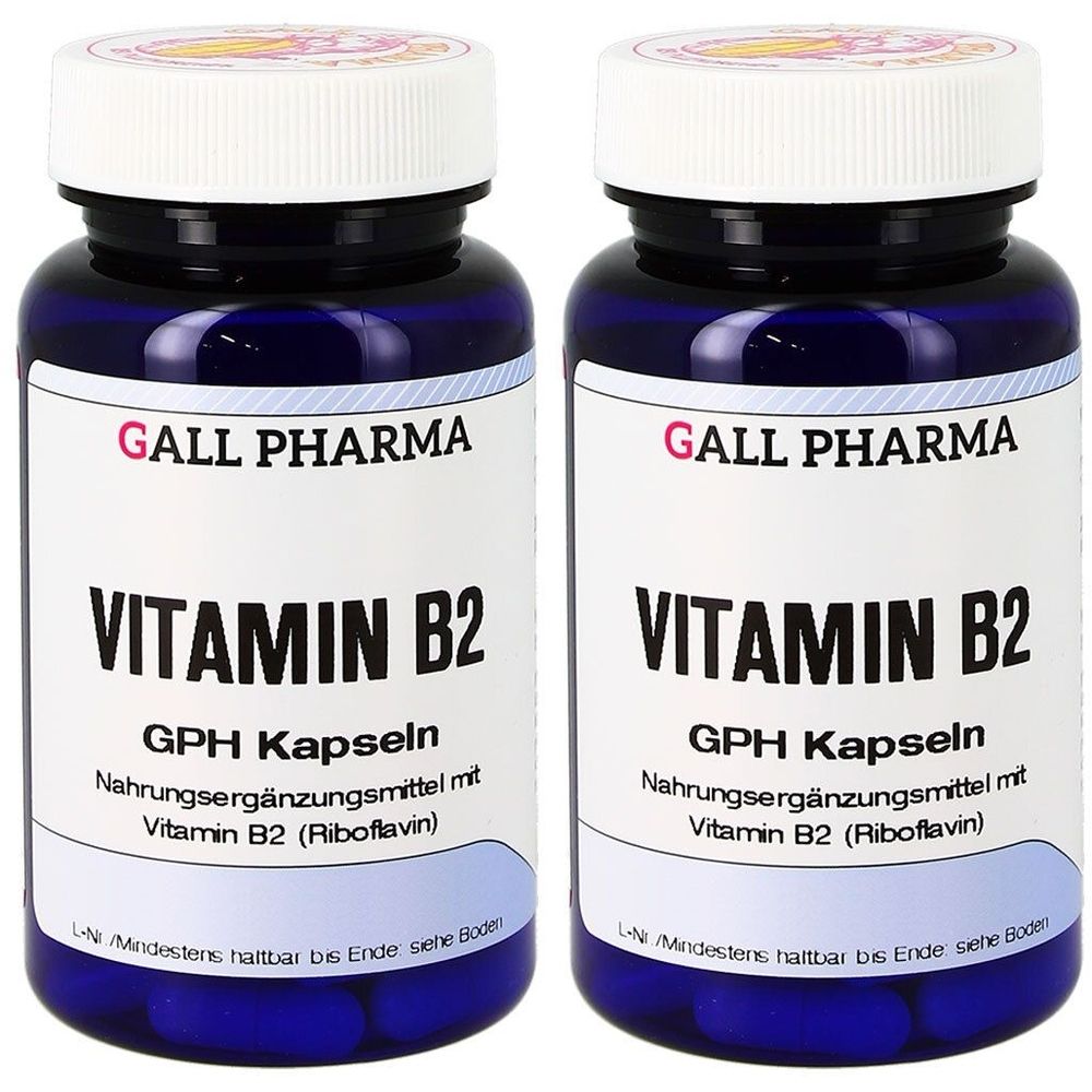 Zwei blaue Flaschen mit weißen Deckeln. Auf den Etiketten steht "GALL PHARMA Vitamin B2". Kapseln, Nahrungsergänzungsmittel.