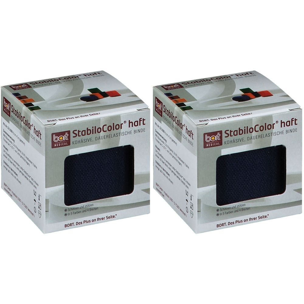 Zwei Kartons mit blauer Binde. Aufdruck: StabiloColor haft, kohäsive, dauerelastische Binde. Marke: BORT MEDICAL.
