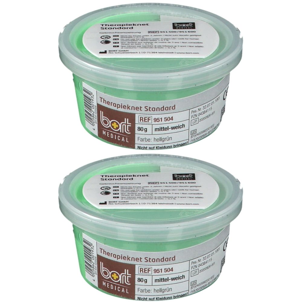 Zwei grüne Therapie-Kneten in runden Behältern. Aufschrift: Therapieknet Standard, bort MEDICAL, 80g, hellgrün.