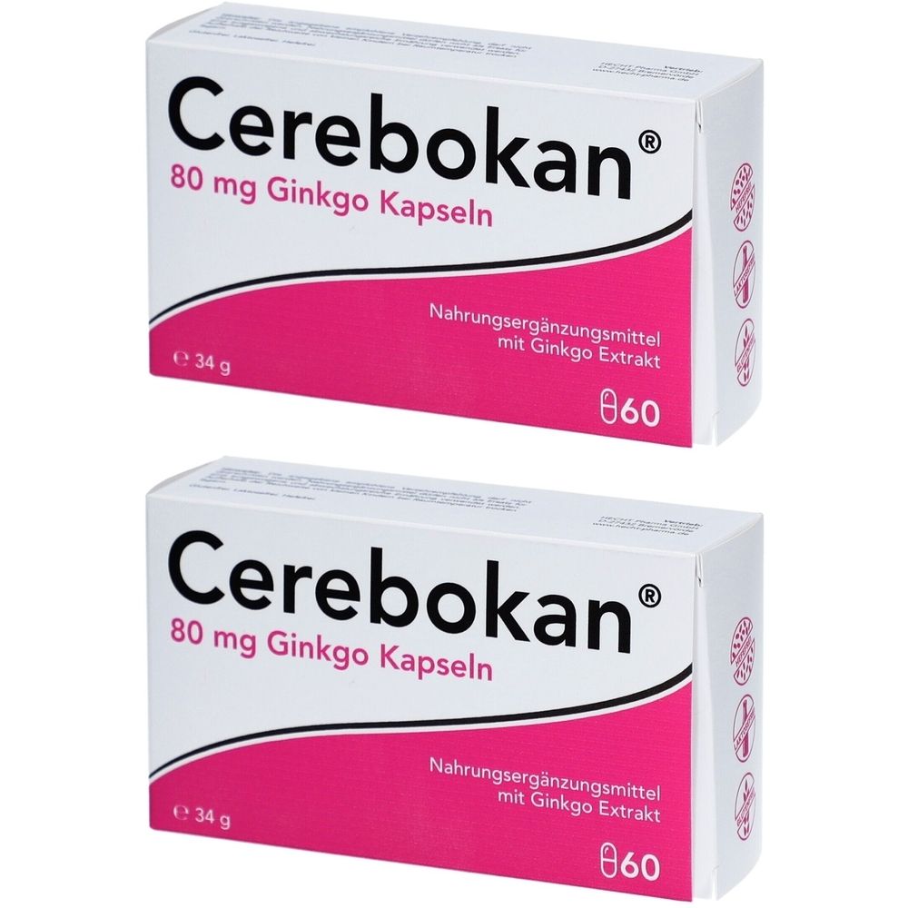 Zwei weiße Schachteln mit rosa Akzenten. Aufschrift: Cerebokan 80 mg Ginkgo Kapseln. Zusatz: Nahrungsergänzungsmittel mit Ginkgo Extrakt. Packung mit 60 Kapseln.