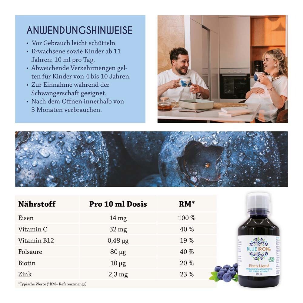 Anwendungshinweise und Nährwerttabelle für BlueIron Eisen Liquid. Paar trinkt Kaffee in Küche.