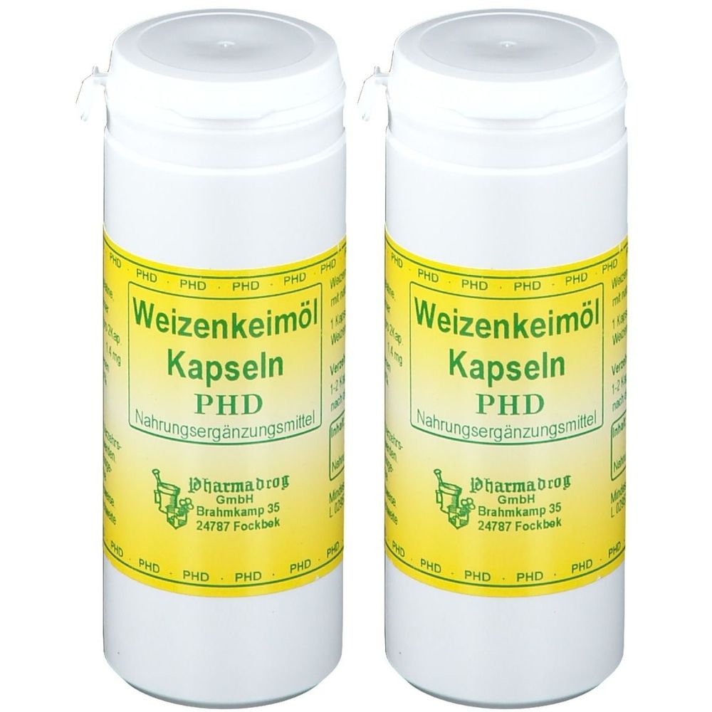 Zwei weiße Flaschen mit gelben Etiketten. Auf den Etiketten steht "Weizenkeimöl Kapseln PHD Nahrungsergänzungsmittel".