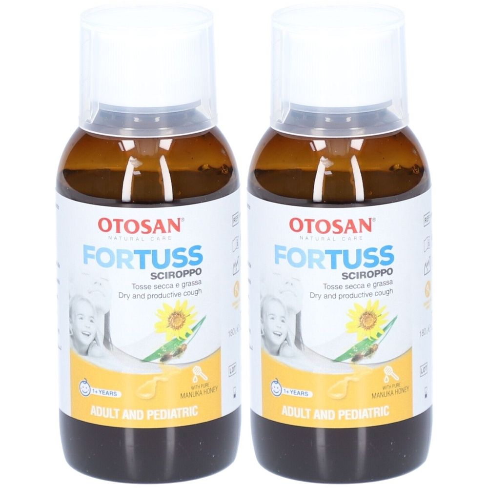 Zwei Flaschen Hustensirup. Braune Glasflaschen mit weißem Etikett. Aufschrift: Otosan Fortuss, Sciroppo. Für Erwachsene und Kinder.