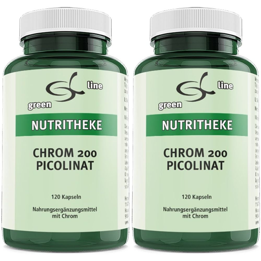 Zwei grüne Flaschen mit weißem Deckel. Aufschrift: green line NUTRITHEKE CHROM 200 Picolinat. 120 Kapseln. Nahrungsergänzungsmittel mit Chrom.