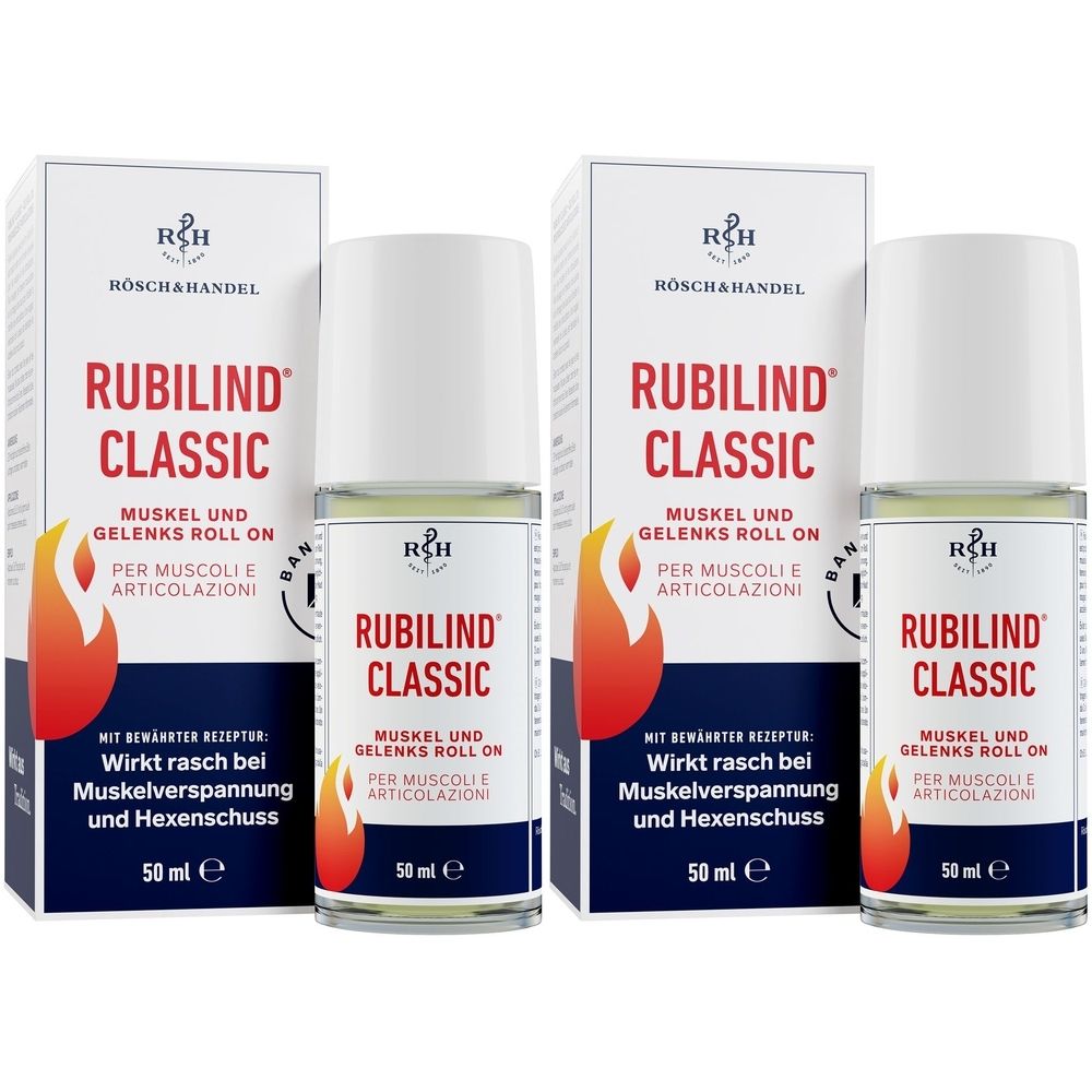 Zwei Flaschen RUBILIND® CLASSIC mit Verpackung. Aufschrift: Muskel- und Gelenks Roll On. Enthält 50 ml.