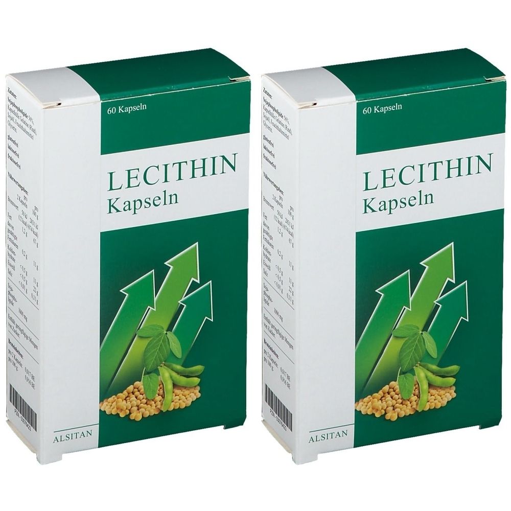 Zwei Schachteln mit LECITHIN Kapseln. Aufschrift: 60 Kapseln. Grüne Pfeile und Sojabohnen-Abbildung. Marke: ALSITAN.