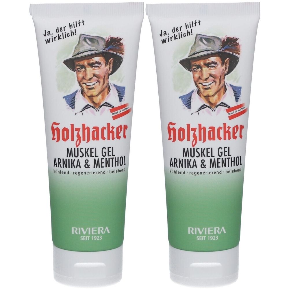 Zwei Tuben Holzhacker Muskel Gel. Aufdruck mit Mann im Hut. Text: Muskel Gel Arnika & Menthol. Riviera Seit 1923.