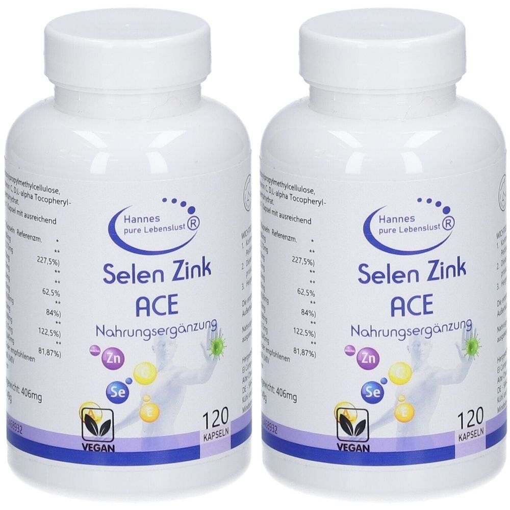 Zwei weiße Flaschen mit Schraubverschluss. Aufschrift: Selen Zink ACE Nahrungsergänzung. Vegan-Siegel. 120 Kapseln.