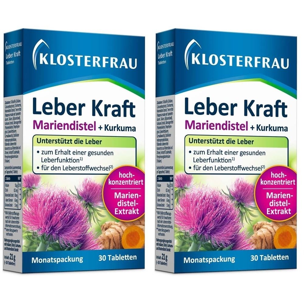 Zwei Schachteln KLOSTERFRAU Leber Kraft. Aufschrift: Mariendistel + Kurkuma. Monatspackung mit 30 Tabletten. Hochkonzentriert.