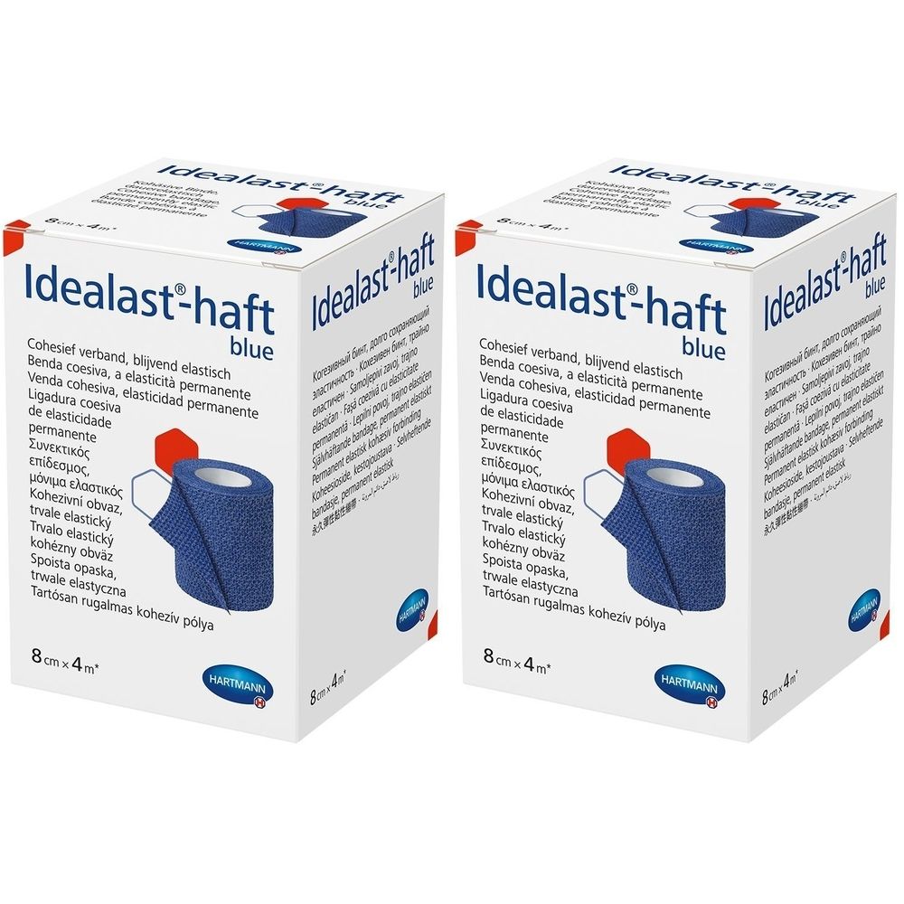 Zwei Kartons Idealast-haft Color Binde, blau. Aufdruck: 8cm x 4 m. Produktabbildung und mehrsprachige Texte.