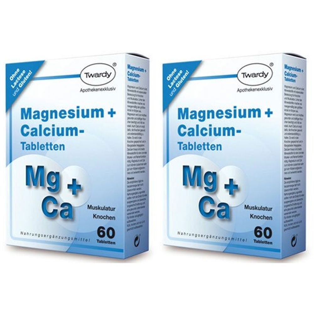 Zwei Schachteln mit Magnesium + Calcium Tabletten. Blaue und weiße Verpackung. Aufschrift: Mg + Ca, 60 Tabletten, ohne Laktose und Gluten.