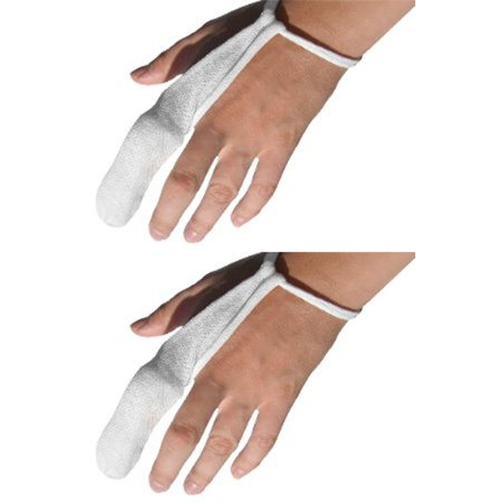 Zwei Fingerverbände, weiß, mit Handgelenkband. Zeigen jeweils einen Finger. Auf einer Hand getragen.