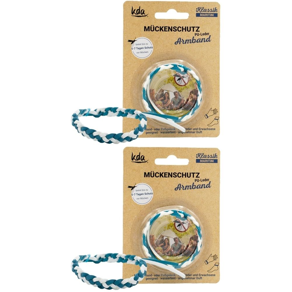 Zwei Armbänder in maritimen Farben. Verpackt in Blisterverpackung. Aufschrift: Mückenschutz Armband, PU-Leder.