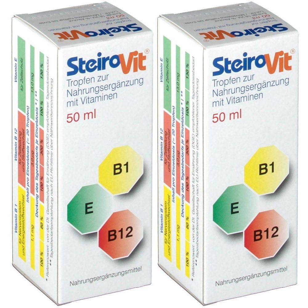 Zwei Schachteln SteiroVit Tropfen. Aufdruck: Nahrungsergänzungsmittel mit Vitaminen. Enthält B1, E, B12. 50 ml.