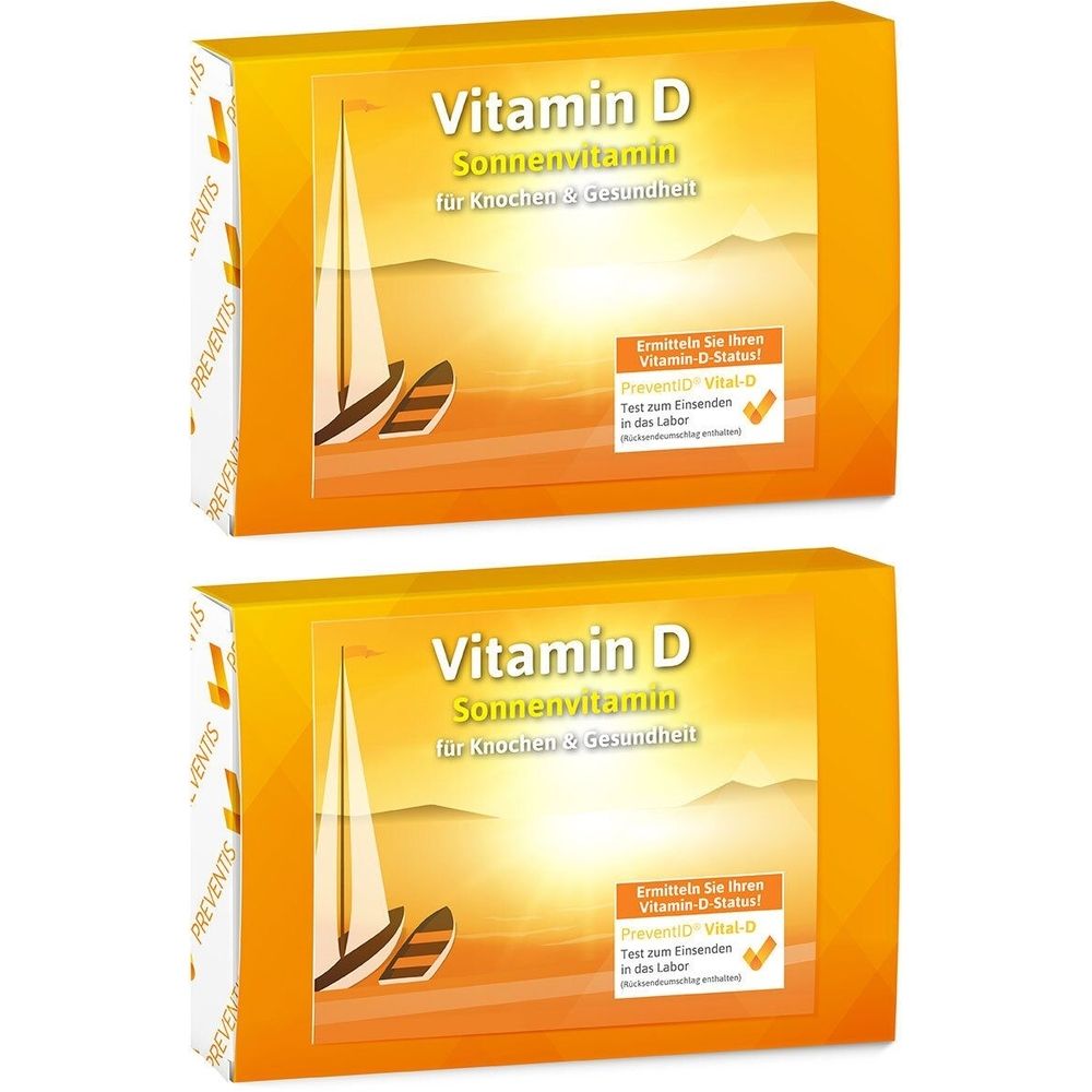 Zwei gelbe Schachteln mit "Vitamin D"-Aufdruck. Text: Sonnenvitamin für Knochen & Gesundheit. Abbildung: Segelboot vor Sonnenuntergang.