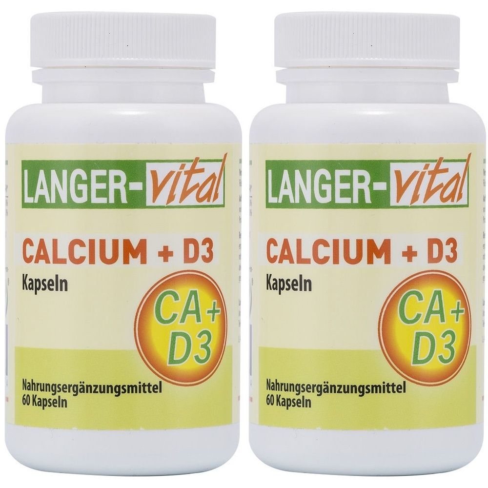 Zwei weiße Flaschen mit Kapseln. Aufschrift: LANGER-Vital, CALCIUM + D3, Kapseln, CA+D3. Nahrungsergänzungsmittel, 60 Kapseln.
