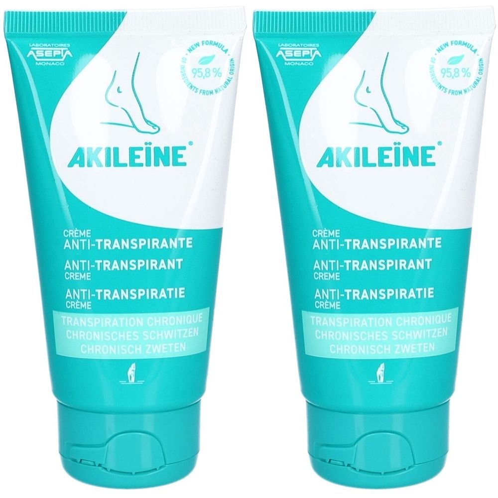 Zwei Tuben Creme. Aufschrift: AKILEÏNE, Anti-Transpirant Creme. Türkis-weiße Verpackung mit Fuß-Illustration. Text in mehreren Sprachen.