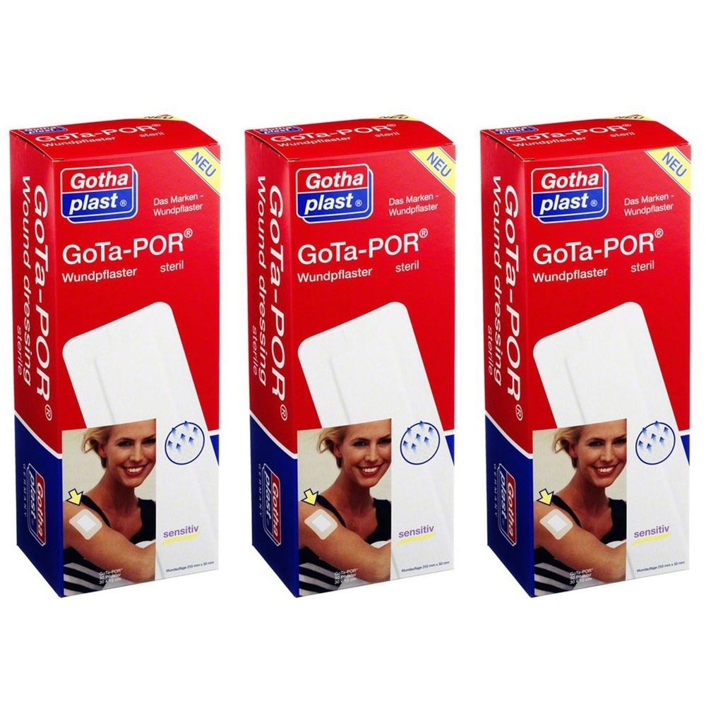 Drei Packungen Wundpflaster. Rote Verpackung mit weißem Pflaster-Ausschnitt. Aufdruck: GoTa-POR, Wundpflaster, steril.