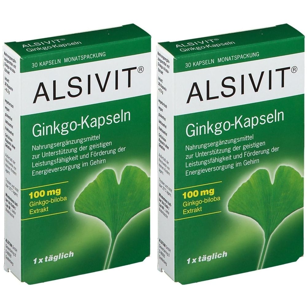 Zwei Schachteln ALSIVIT Ginkgo-Kapseln. Grün-weiße Verpackung mit Produktnamen und Inhaltsangaben. 100 mg Ginkgo biloba Extrakt.
