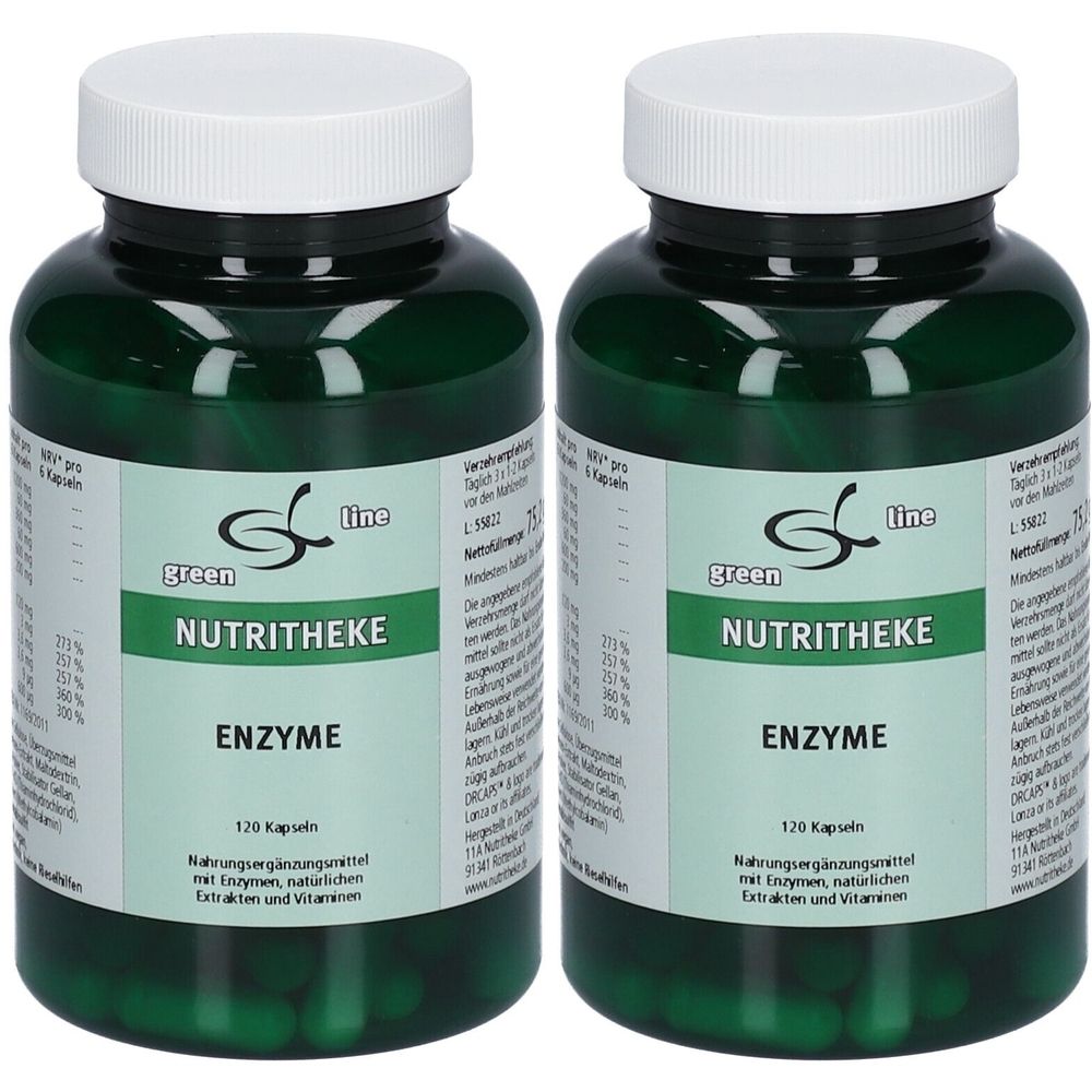 Zwei grüne Flaschen mit weißen Deckeln. Auf den Etiketten steht "green line NUTRITHEKE ENZYME". Jede Flasche enthält 120 Kapseln.