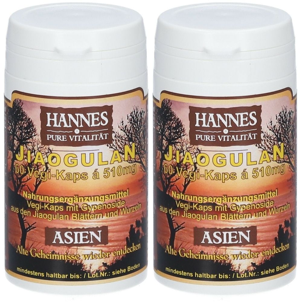 Zwei weiße Flaschen mit braunen Etiketten. Aufschrift: HANNES Jiaogulan, 60 Vegi-Kapseln. Zusatz: Nahrungsergänzungsmittel.