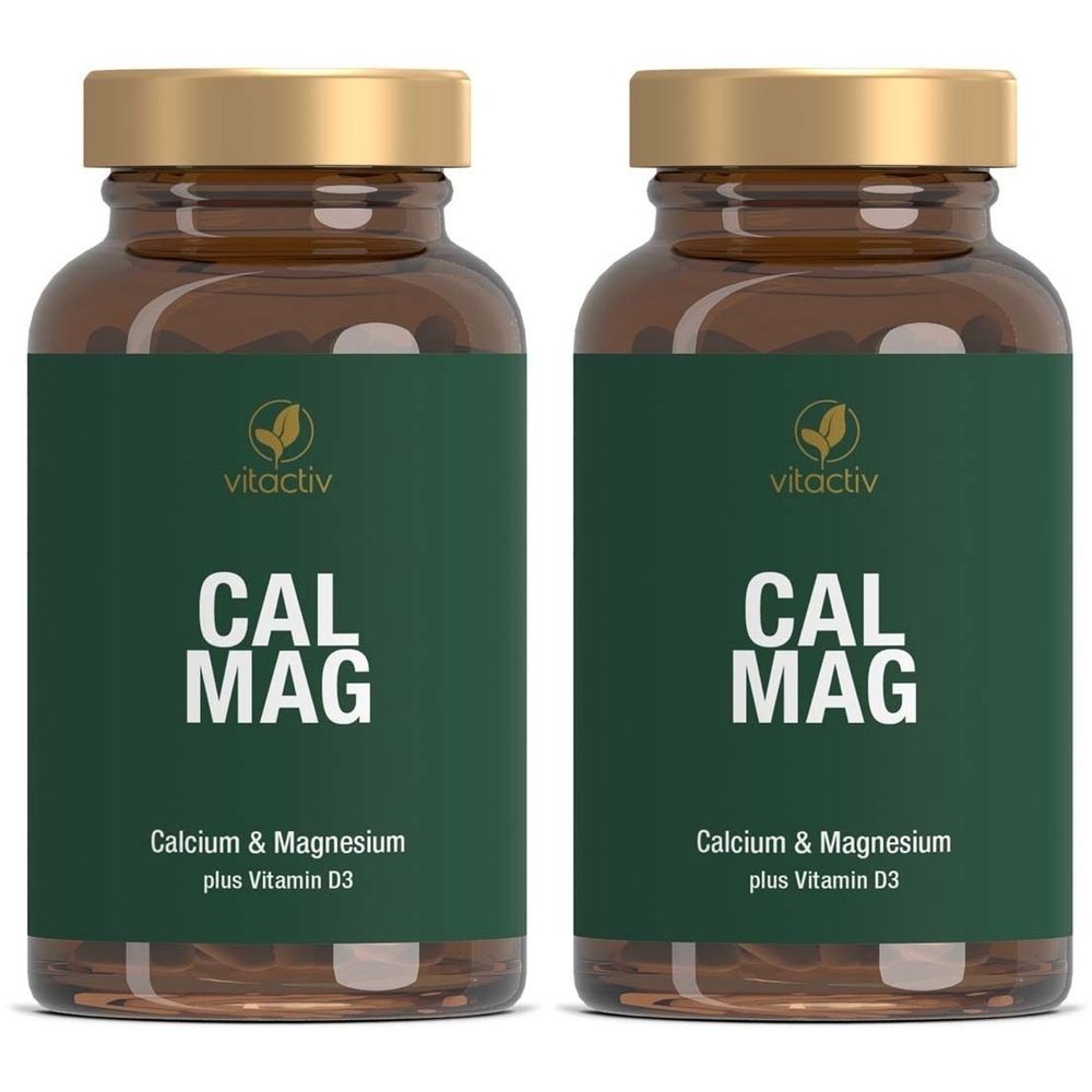 Zwei Flaschen mit braunem Glas und goldenem Deckel. Auf den grünen Etiketten steht "CAL MAG" und "Calcium & Magnesium plus Vitamin D3".