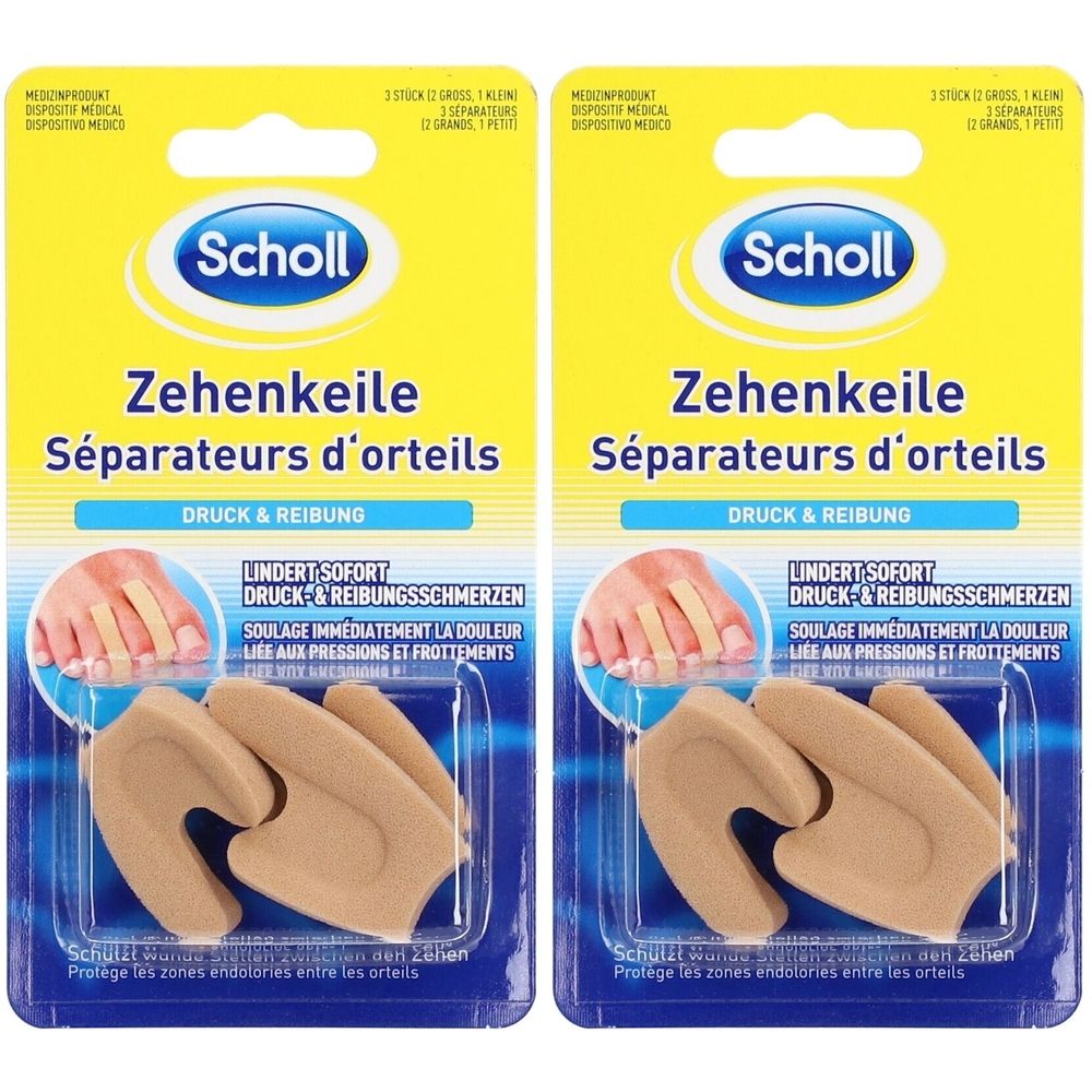Zwei Packungen Scholl Zehenkeile. Beige Schaumstoff-Zehenspreizer in Verpackung. Aufschrift: Zehenkeile, Séparateurs d'orteils.