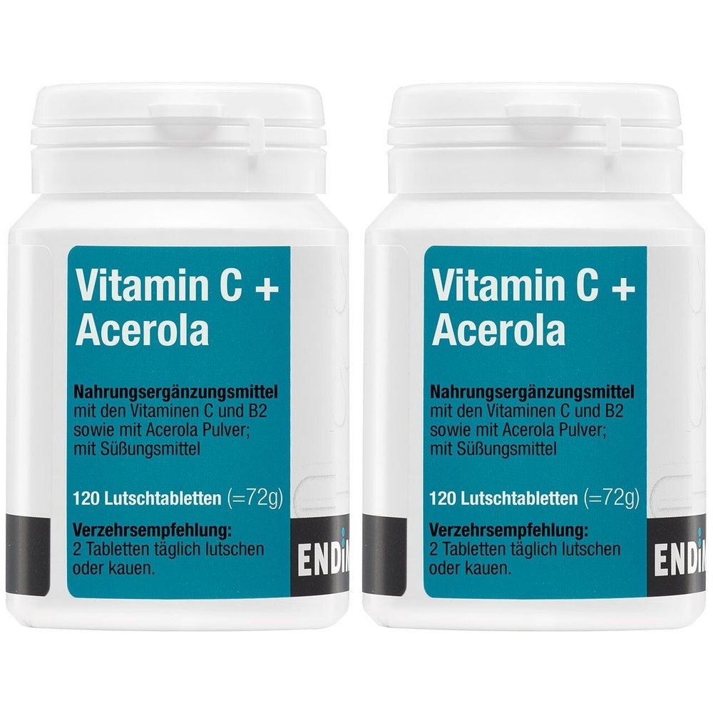 Zwei weiße Flaschen mit blauen Etiketten. Aufschrift: Vitamin C + Acerola. Enthält 120 Lutschtabletten. Empfehlung: 2 Tabletten täglich lutschen oder kauen.