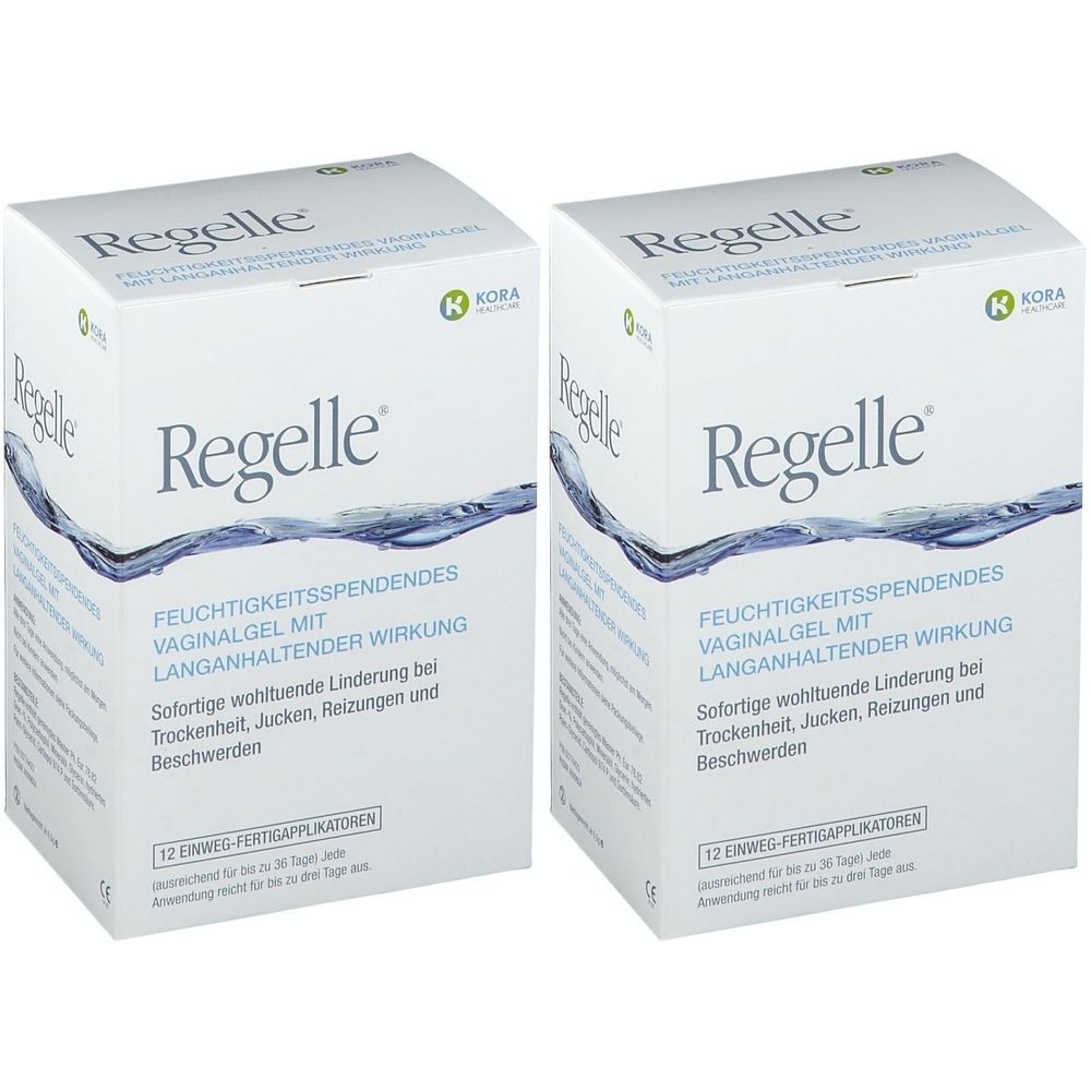 Zwei weiße Kartons mit dem Produktnamen Regelle. Aufschrift: Feuchtigkeitspendendes Vaginalgel mit langanhaltender Wirkung.