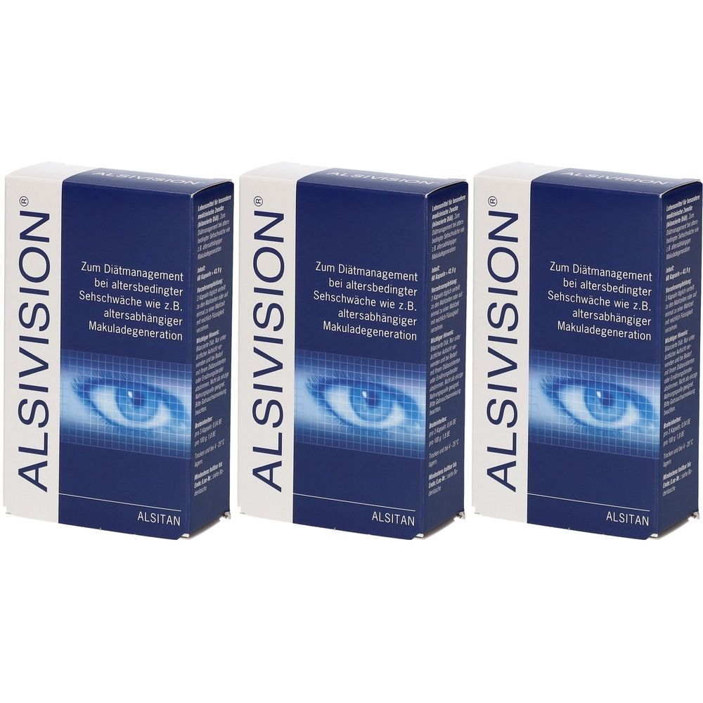 Drei Schachteln ALSIVISION. Blaue Verpackung mit weißer Schrift. Aufdruck: Zum Diätmanagement bei altersbedingter Sehschwäche.