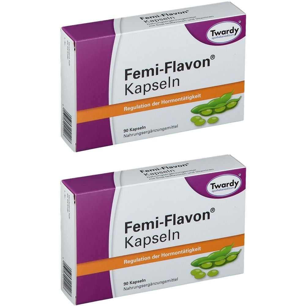 Zwei Schachteln mit "Femi-Flavon Kapseln". Aufschrift: "Twardy", "Regulation der Hormontätigkeit". Abbildung von Sojabohnen. 90 Kapseln.