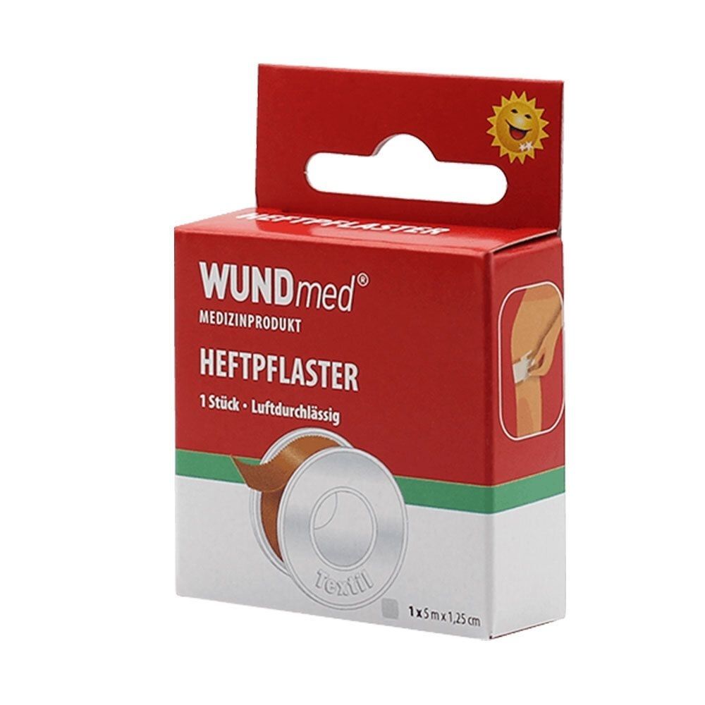 Rote Verpackung mit Heftpflaster. Aufschrift: WUNDmed, HEFTPFLASTER, 1 Stück. Abbildung eines Pflasters. Größe: 1x5 m x 1,25 cm.