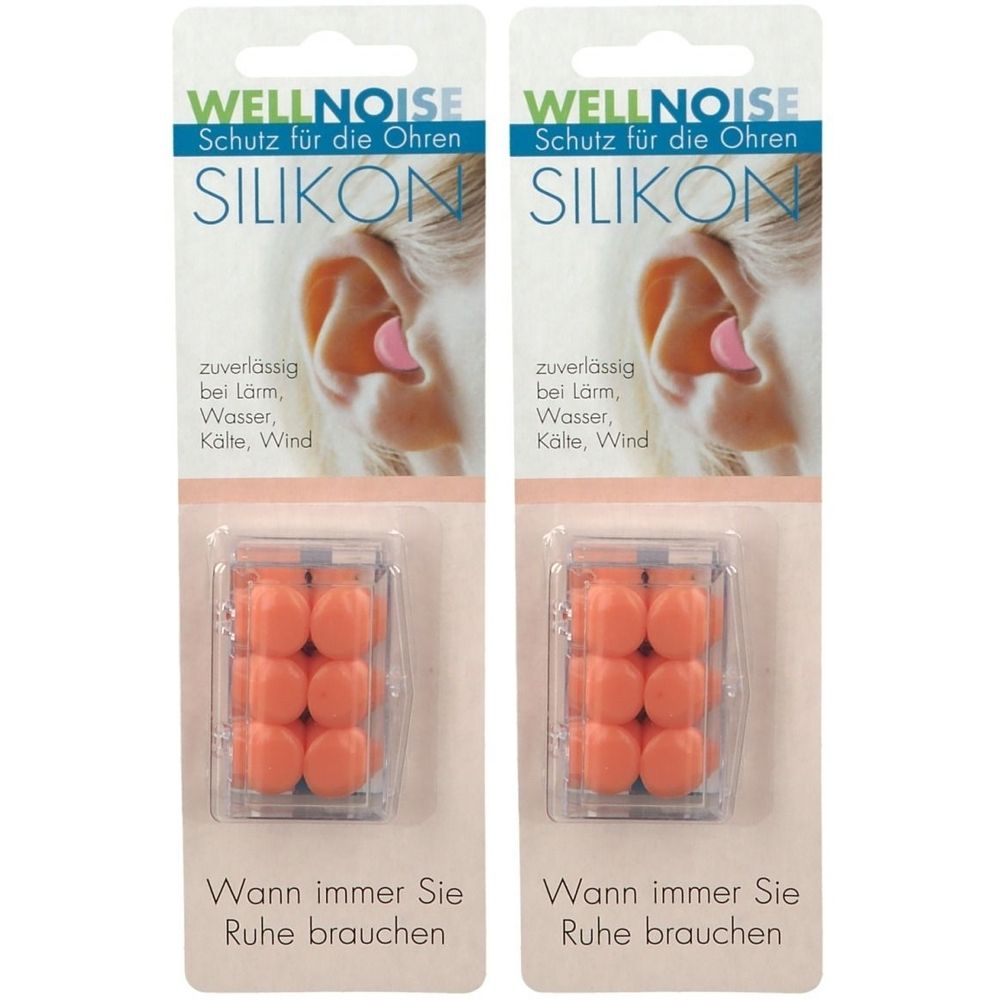Zwei Packungen mit orangefarbenen Silikon-Ohrenstöpseln. Jede Packung enthält neun Stöpsel in einem transparenten Behälter. Aufschrift: WELLNOISE.