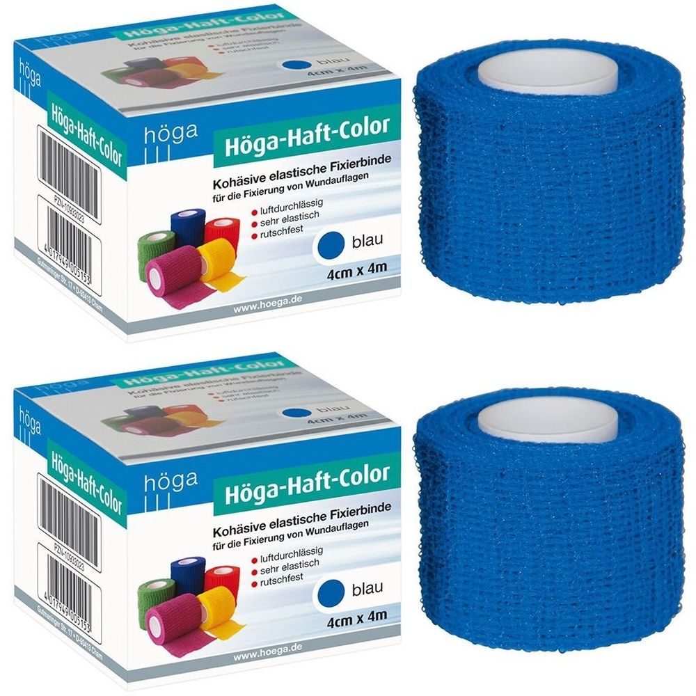 Zwei Packungen und zwei Rollen blaue Fixierbinde. Aufschrift: Höga-Haft-Color, 4cm x 4m. Kohäsive elastische Fixierbinde.
