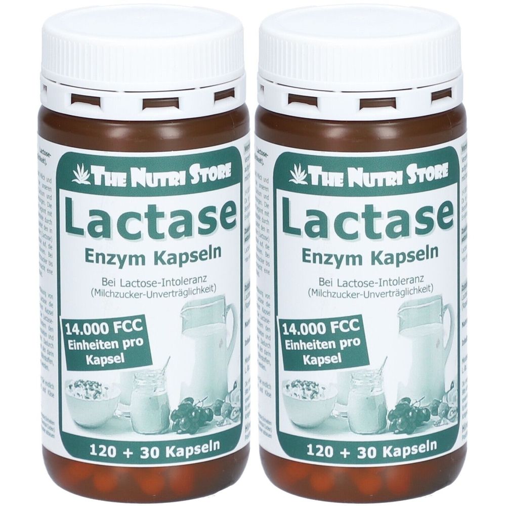 Zwei braune Flaschen mit weißem Deckel. Aufschrift: Lactase Enzym Kapseln. 14.000 FCC Einheiten pro Kapsel. 120 + 30 Kapseln. Marke: The Nutri Store.