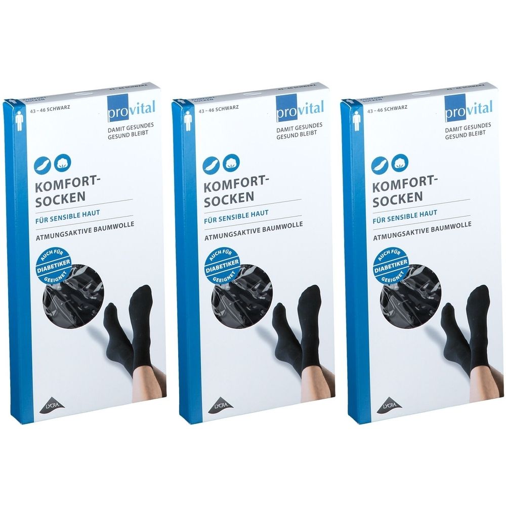 Drei Packungen Komfortsocken. Schwarze Socken in Verpackung mit Produktinformationen. Marke: provital. Für sensible Haut, atmungsaktive Baumwolle.