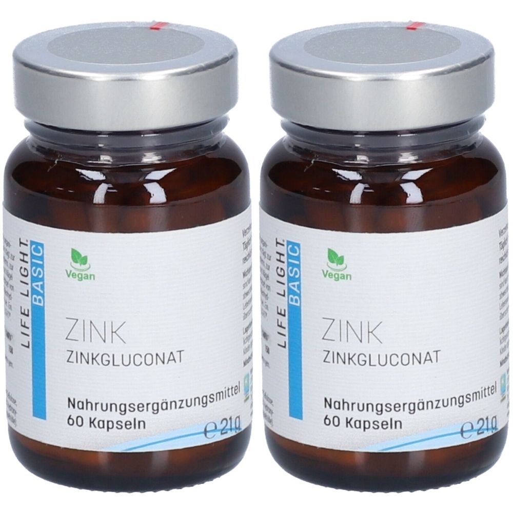Zwei braune Glasflaschen mit silbernen Deckeln. Auf den Etiketten steht "Zink Zinkgluconat" und "60 Kapseln". Vegan-Siegel.