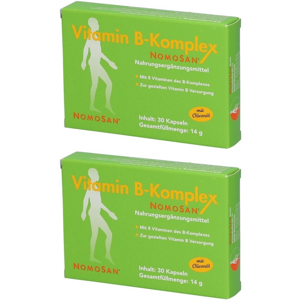 Zwei grüne Schachteln mit "Vitamin B-Komplex" und "NOMOSAN" Aufdruck. Enthält 30 Kapseln. Mit Olivenöl.