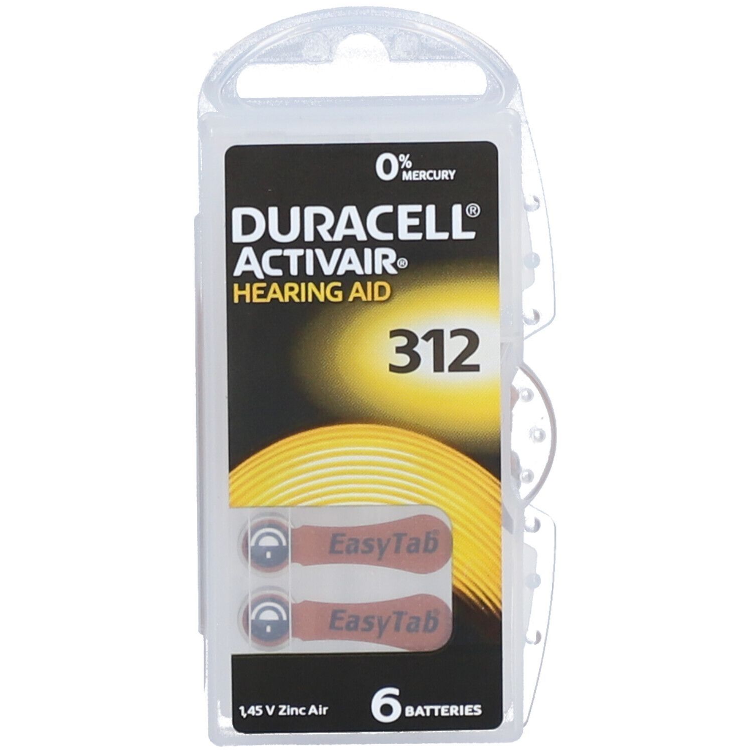Verpackung mit sechs Hörgerätebatterien. Aufschrift: DURACELL ACTIVAIR HEARING AID 312, 0% Quecksilber. Zwei Batterien sichtbar.