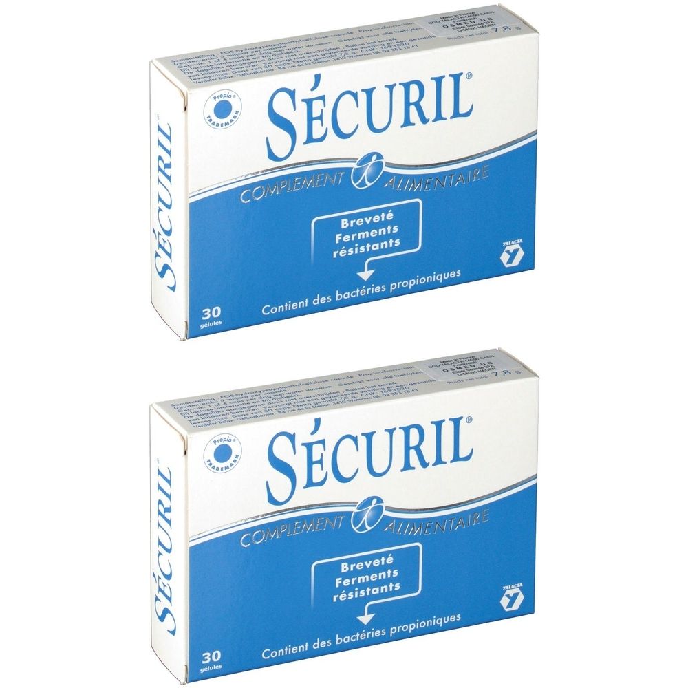 Zwei Schachteln SECURIL. Blaue und weiße Verpackung. Aufschrift: COMPLEMENT ALIMENTAIRE, Breveté Ferments résistants, 30 Tabletten.