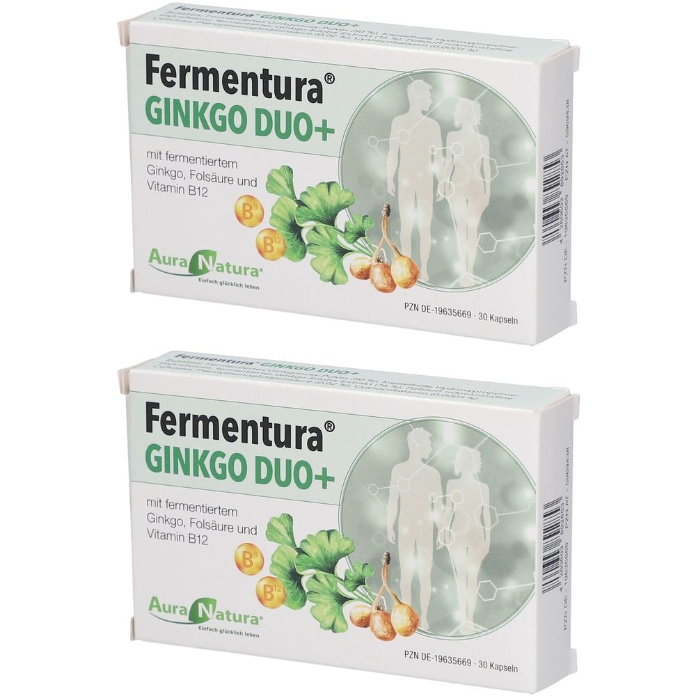 Zwei Schachteln mit "Fermentura GINKGO DUO+". Aufdrucke: Ginkgo, Folsäure, Vitamin B12, Aura Natura Logo. Illustrationen von Ginkgoblättern und Personen.