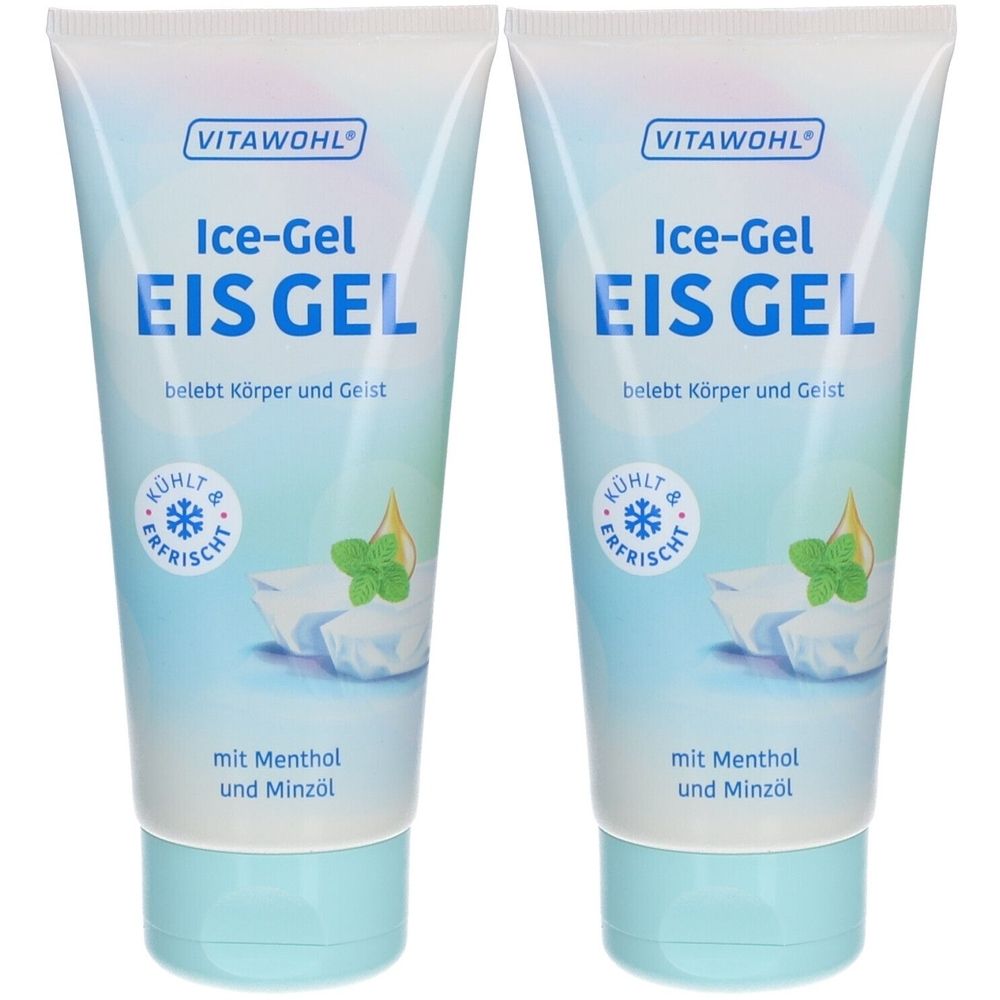 Zwei Tuben VITAWOHL Ice-Gel. Hellblaue Verpackung mit Produktnamen und Illustrationen. Enthält Menthol und Minzöl.